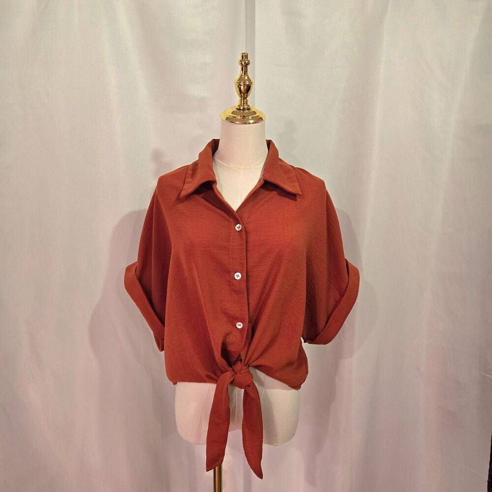 Cider Rust Short Sleeve Tie Front Blouse - Size 1XL
